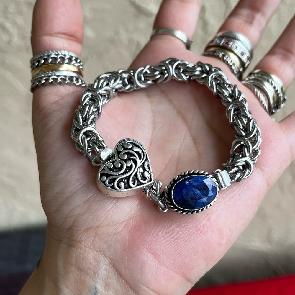 stainless steel maille link bracelet with blue sapphire gem & heart charm clasp - Picture 6 of 12